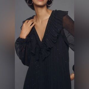 NWT ANTHROPOLOGIE Long-Sleeve Ruffle Swing Mini Dress - Black